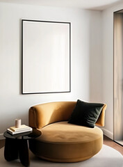 Modern minimalist living room with mustard chair and blank canvas mockup