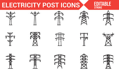 Collection of Minimalist Icons Representing Electricity Transmission Towers