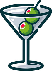 Modern Cartoon Martini Glass with Green Olives – Stylish Vector Alcohol Drink Icon for Bar Menu and Branding