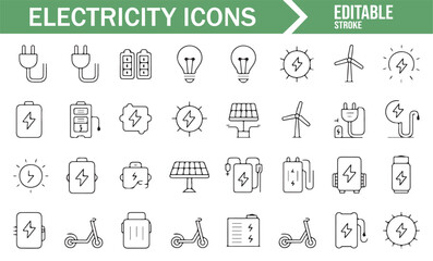 Icons Representing Electric Power, Renewable Energy, and Sustainable Solutions