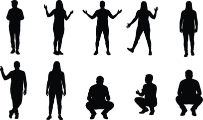Silhouette of people in various poses, standing, gesturing, squatting, male and female figures, vector illustration