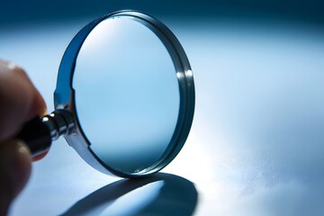 Closeup Hand Holding Magnifying Glass Blue Background Detailed View Silver Metal Frame Glass Lens close up