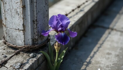 Resilience Purple Iris Blooming Amidst Barbed Wire