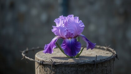 Purple Iris Flower Blooming Amidst Barbed Wire on Weathered Concrete