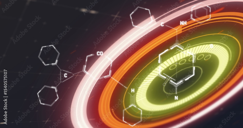 Poster displaying concentric rings rotating in simulation, showing hexagonal diagrams and chemical labels