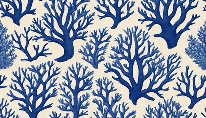 Seamless Blue Coral Branch Pattern Watercolor Texture