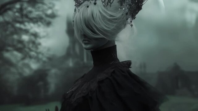 Mysterious queen with white hair, a dark crown, and black veil stands near a gothic mansion in a foggy landscape, creating a chilling and suspenseful atmosphere