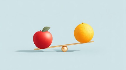 Red apple and yellow orange balanced on wooden seesaw against a light blue background