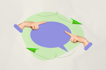 Zine banner full photo collage of human hand hold bubble communication speech conversation chat...