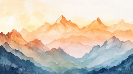 Serene Watercolor Mountain Range at Sunrise