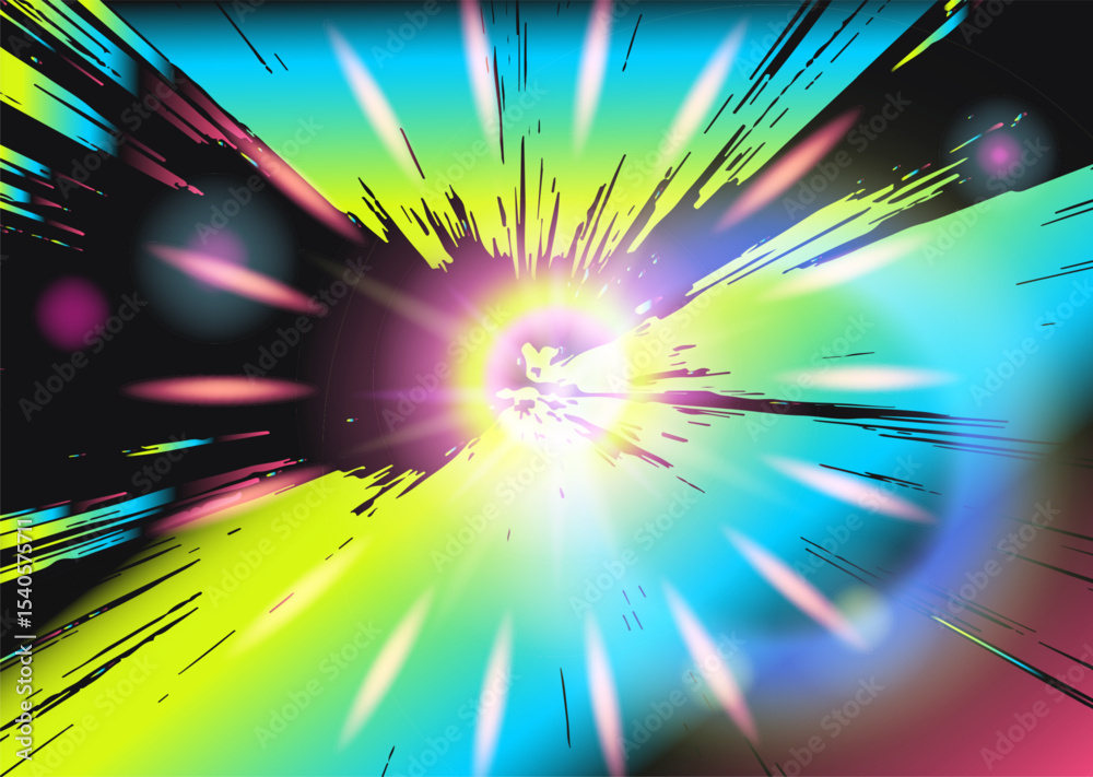 Poster bright abstract burst in a modern vaporwave style with neon yellow, pink, blue gradients and sharp j