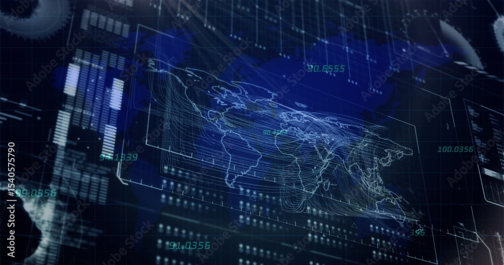 Poster holographic world map overlay hovering on grid in control room with streaming numeric data readouts