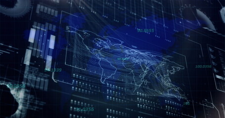 Holographic world map overlay hovering on grid in control room with streaming numeric data readouts