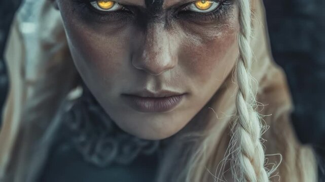Fierce viking warrior displaying supernatural power, dark war paint highlighting piercing yellow eyes and intense facial expression representing mythological strength