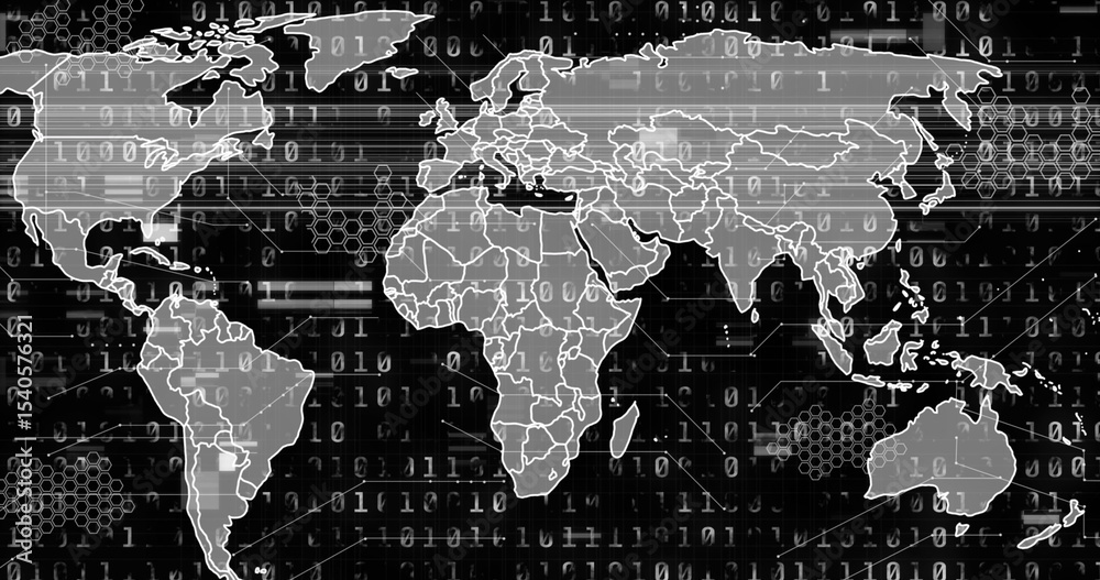 Poster displaying outlined world map in cyberspace, with binary streams, hexagon grid glitch lines