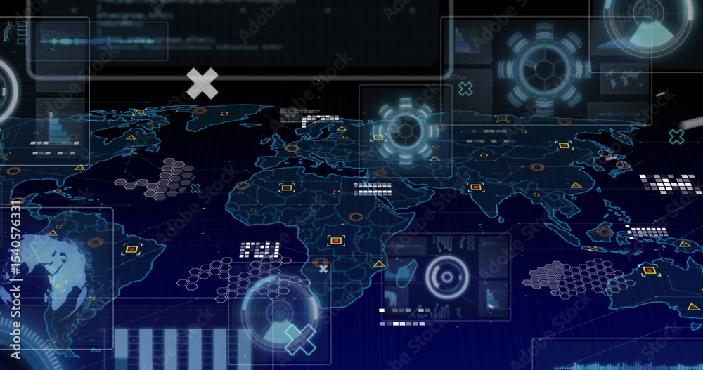 Poster displaying digital world map with hex grid overlays and hud widgets in virtual command center