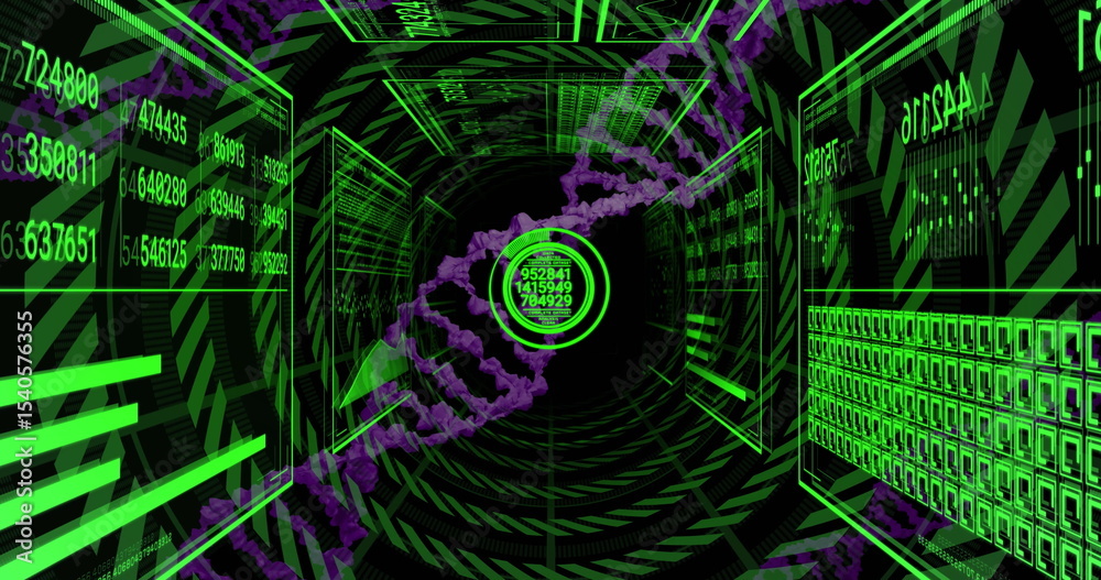 Poster spiraling purple dna helix converging toward circular data node in data tunnel, with numeric panels