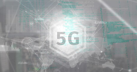 Displaying central 5G emblem streaming green code across world map interface, with network nodes