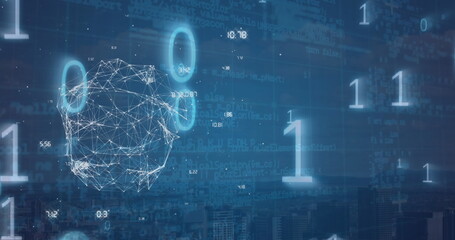 Hovering wireframe sphere over data landscape, with binary digits, code and city skyline silhouette