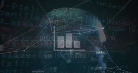 Displaying head profile pulsating in data environment, with neural network and binary code streams