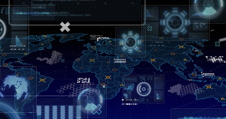 Displaying digital world map with hex grid overlays and HUD widgets in virtual command center