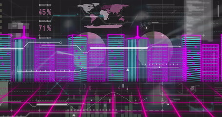 Glowing digital neon city skyline hovering in virtual dashboard, with bar charts and world map