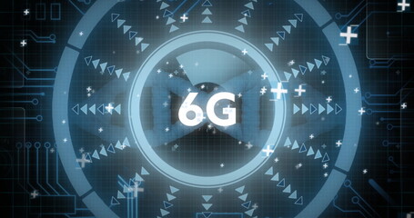 Showing central 6G glowing rings on blue grid, with triangular arrows, pluses, traces and nodes