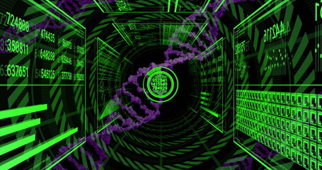 Spiraling purple DNA helix converging toward circular data node in data tunnel, with numeric panels