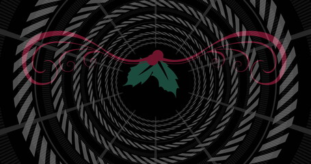 Stylized holly leaves, red berries and vine curling in abstract graphic, with gray concentric rings