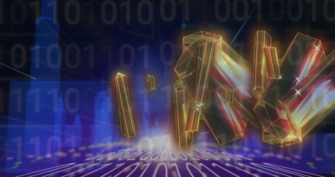 Floating golden crystalline letter shapes hovering over glowing binary grid floor, network lines - Powered by Adobe