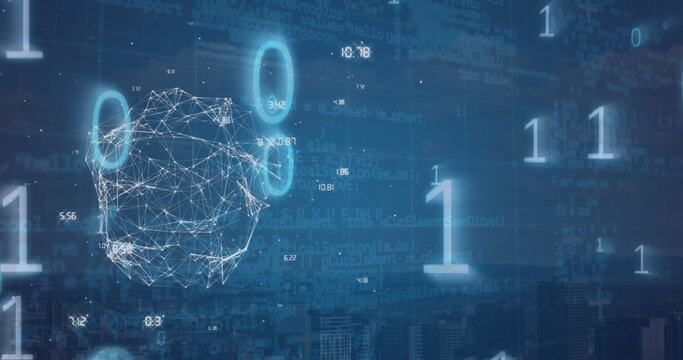 Hovering wireframe sphere over data landscape, with binary digits, code and city skyline silhouette - Powered by Adobe