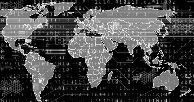 Displaying outlined world map in cyberspace, with binary streams, hexagon grid glitch lines