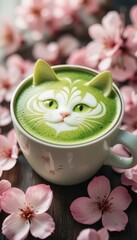 Whimsical Matcha Latte Art Cat Face in Sakura Bloom