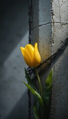 Sunlit Yellow Tulip Bound by Barbed Wire A Stunning Photo