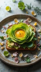 Artistic Avocado Rose Toast with Poached Egg & Edible Flowers