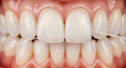 Close-up Image of Healthy Teeth with Dental Floss Between Pearly Whites and Gums