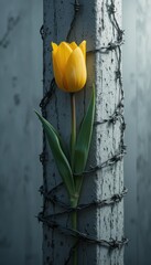 Yellow Tulip Entwined with Barbed Wire A Symbol of Resilience