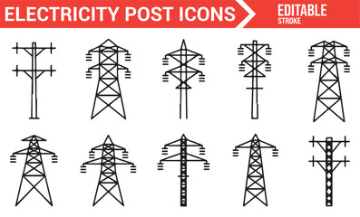 Collection of Minimalist Icons Representing Electricity Transmission Towers