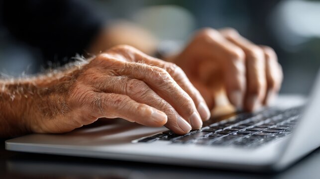 An older man is typing on a laptop
