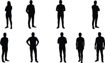 Silhouette people standing, various poses, human figures, casual clothing, man and woman, vector illustration, black icons, isolated artwork
