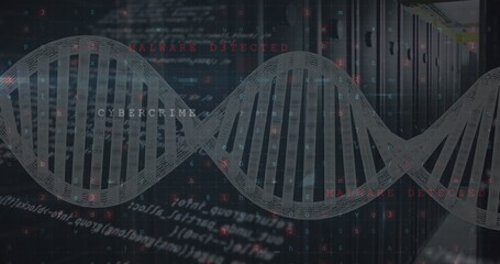 Floating DNA helix in data center aisle, showing server racks, Ethernet cables, malware code