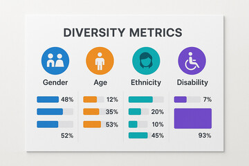 Diversity Metrics Infographic Gender Age Ethnicity Disability Data Charts Blue Orange Teal Purple White Background