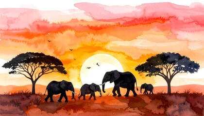 Elephant Family Sunset Savannah