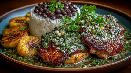 a plate of roasted chicken, black beans, rice and plantains 