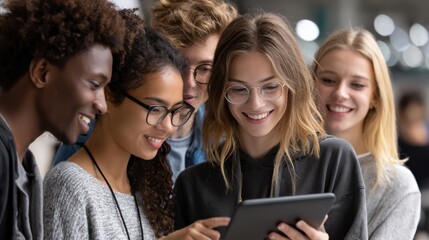 A group of young people are smiling and looking at a tablet