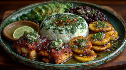 a plate of roasted chicken, black beans, rice and plantains 