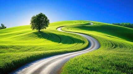 Serene Countryside Road Winding Through Lush Green Hills