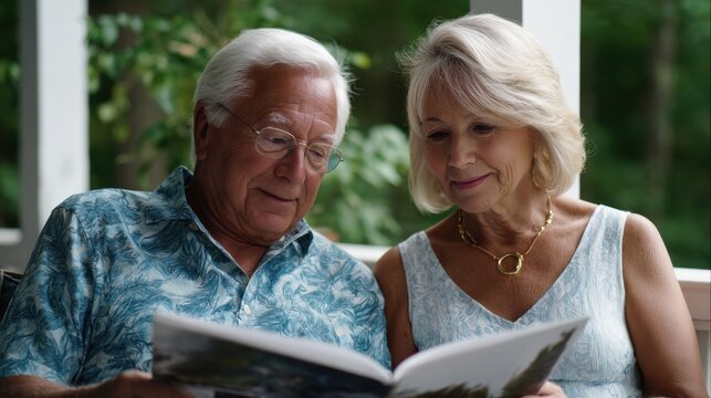 A man and a woman are sitting on a porch reading a magazine together - Powered by Adobe
