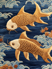 Koi fish with golden fins swim on a deep blue background with embossed waves and scattered gold leaves.