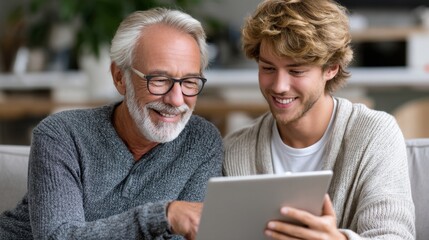 A man and a young man are sitting on a couch, looking at a tablet
